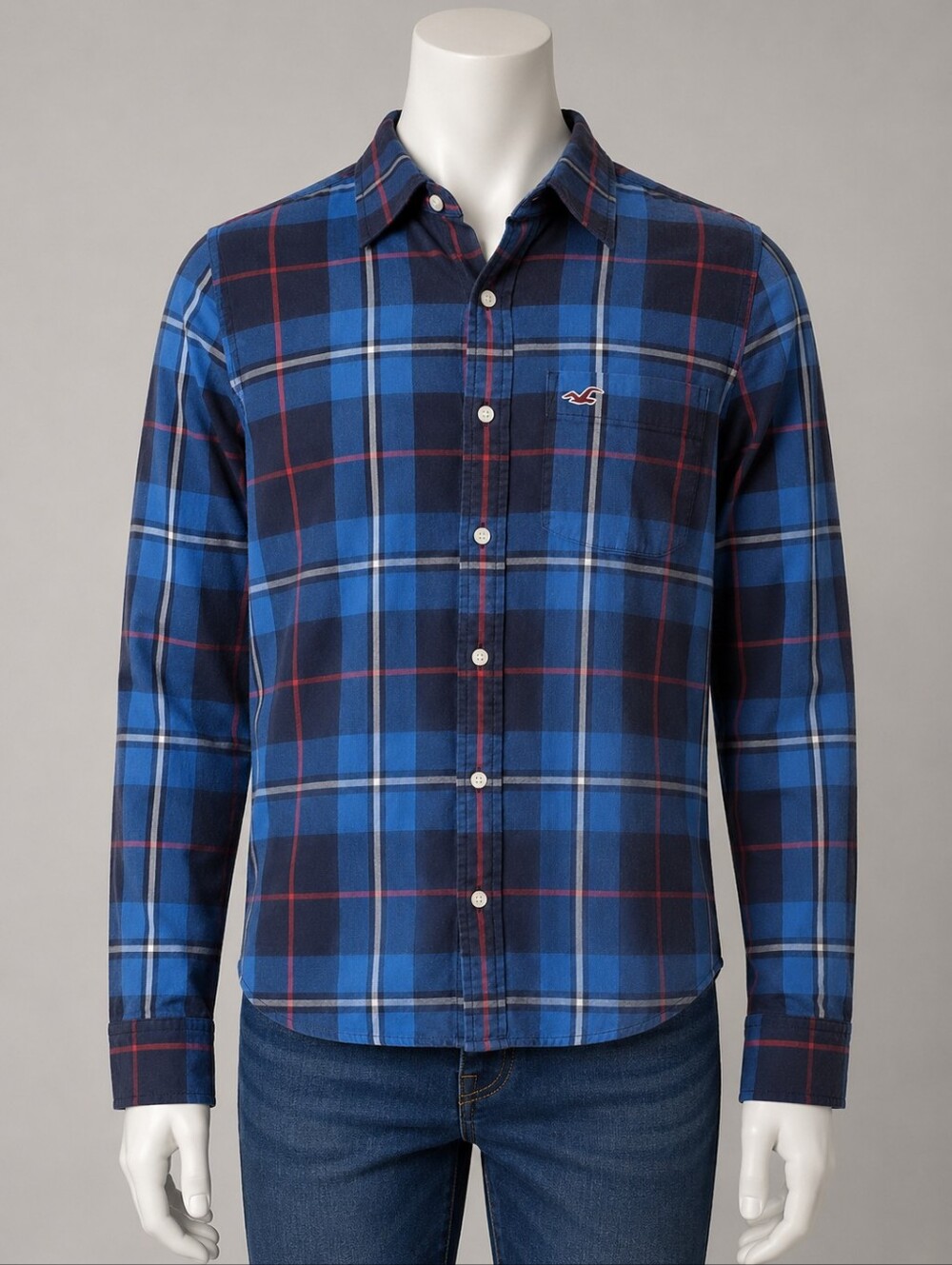 Hollister Blue Plaid Button Down Shirt Long Sleeve Logo Pocket Casual Streetwear